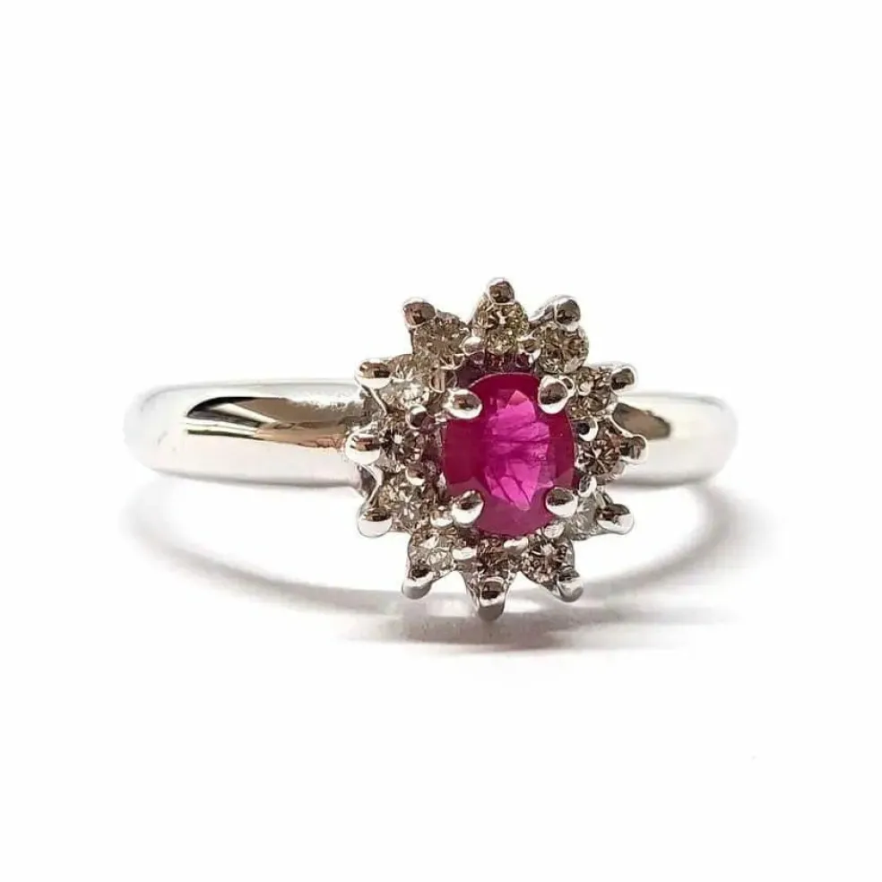 Bague marguerite rubis diamants or blanc
