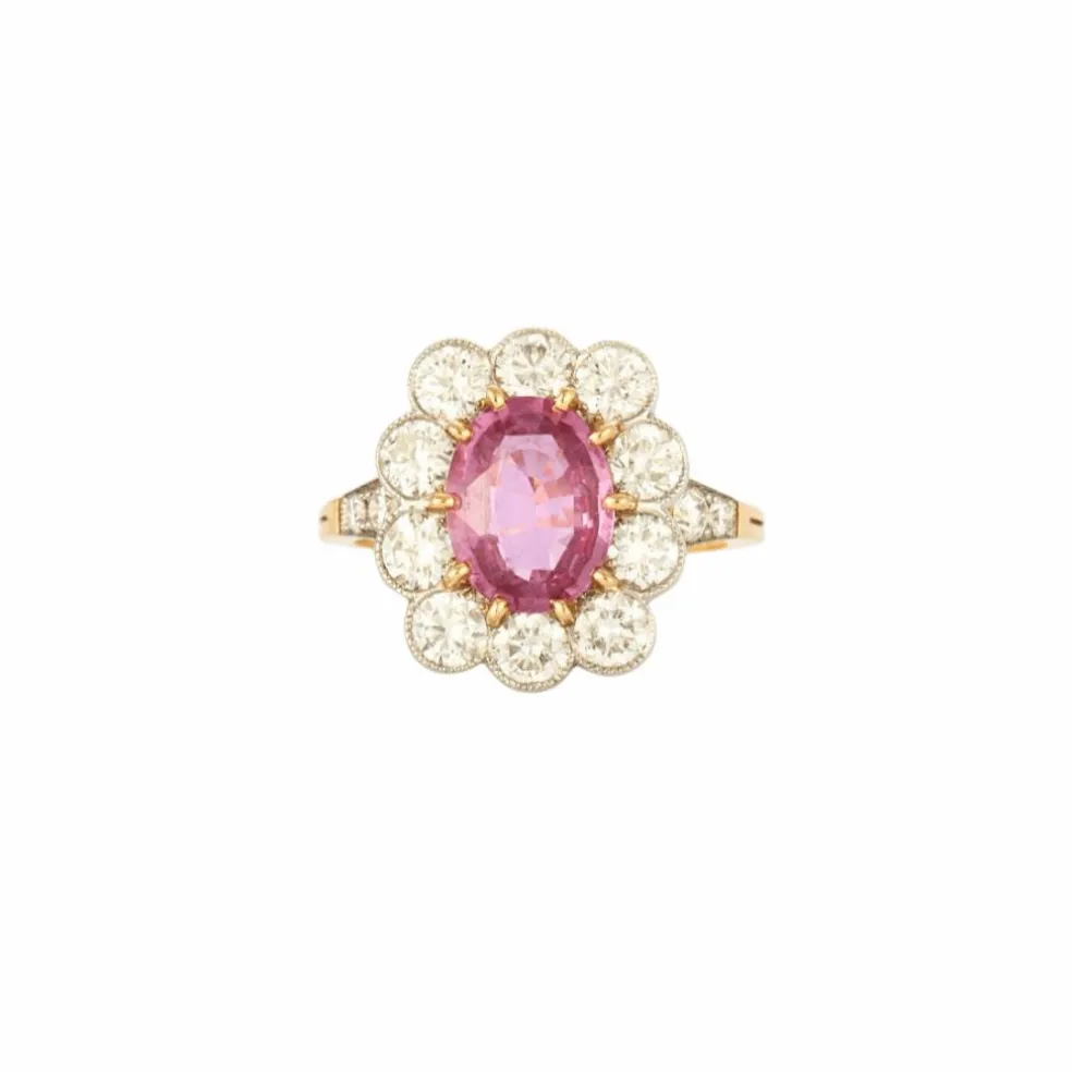 Bague marguerite saphir rose en or jaune et platine