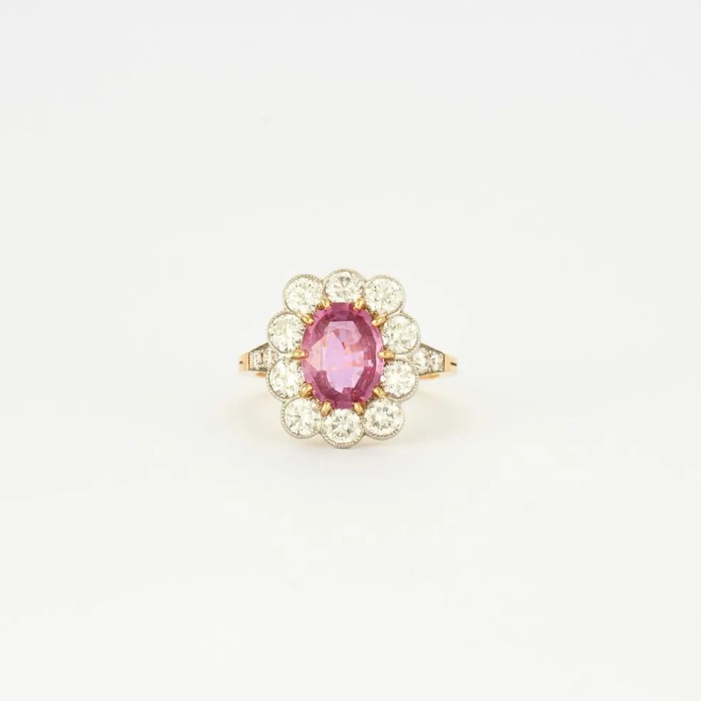 Bague marguerite saphir rose en or jaune et platine