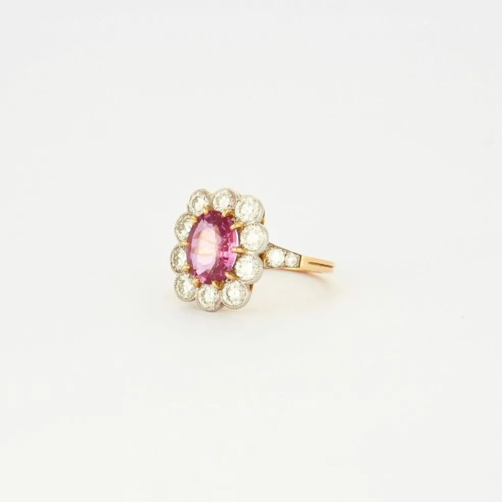 Bague marguerite saphir rose en or jaune et platine