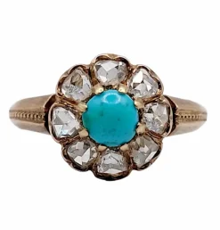 Bague marguerite victorienne or jaune 18k cabochon de turquoise et diamants taille roses (circa 1900) antique