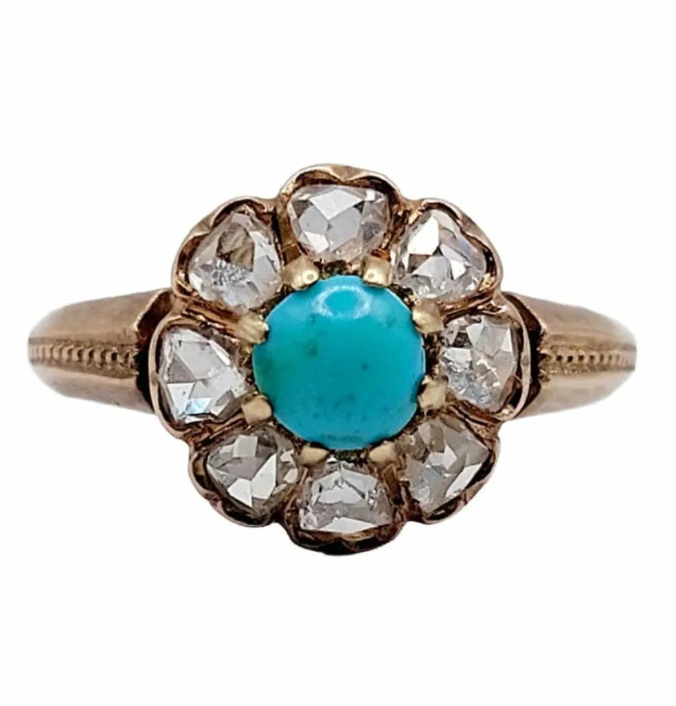 Bague marguerite victorienne or jaune 18k cabochon de turquoise et diamants taille roses (circa 1900) antique