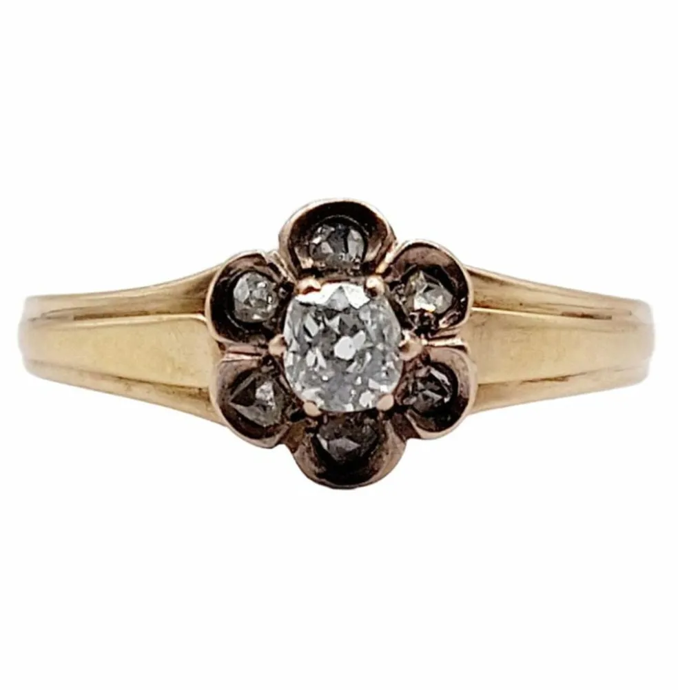 Bague marguerite victorienne or rose, diamant taille ancienne (circa 1900)