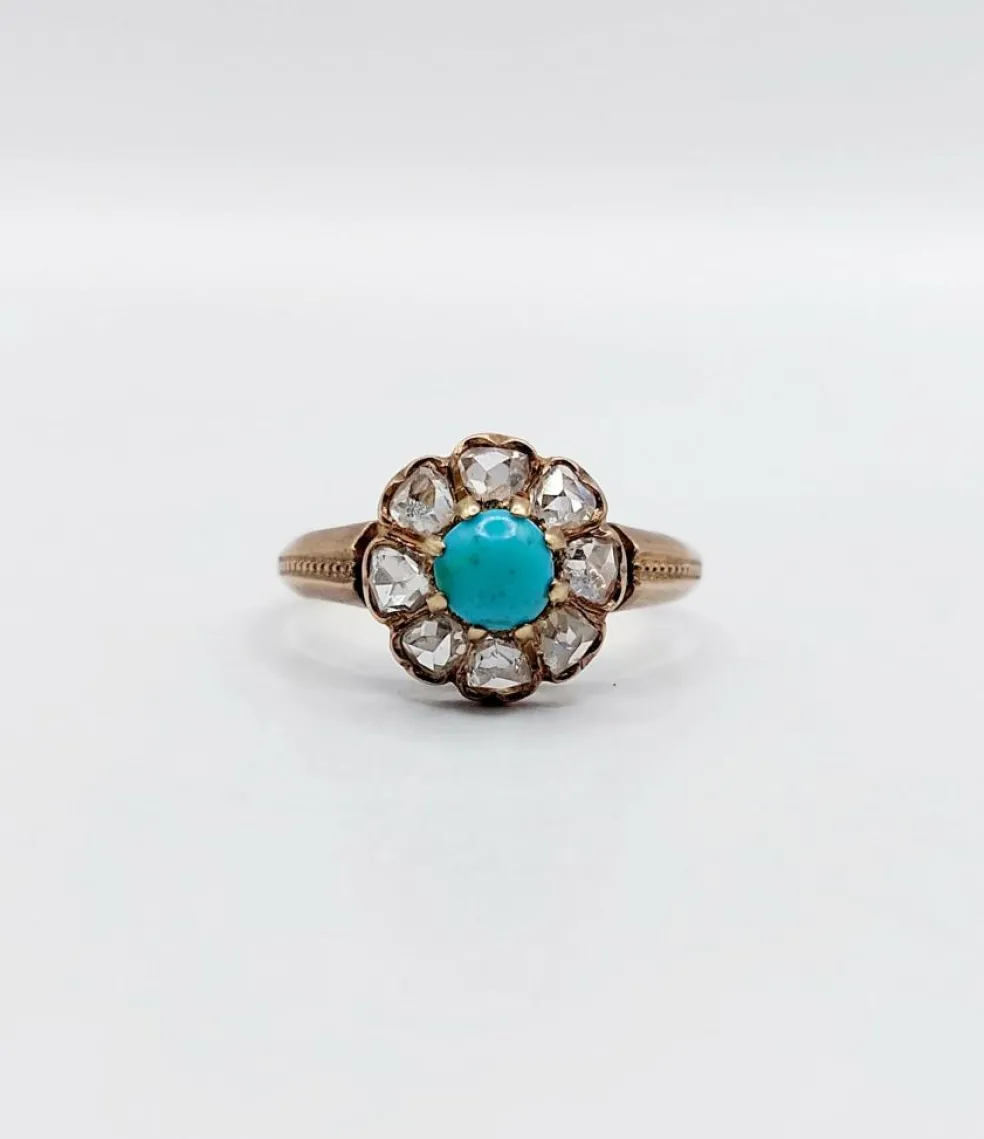 Bague marguerite victorienne or jaune 18k cabochon de turquoise et diamants taille roses (circa 1900) antique