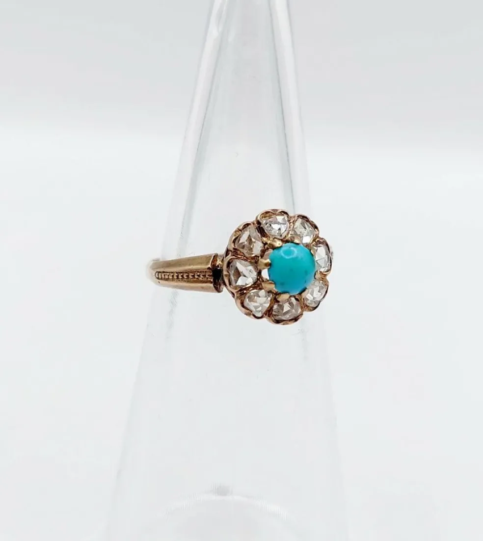 Bague marguerite victorienne or jaune 18k cabochon de turquoise et diamants taille roses (circa 1900) antique
