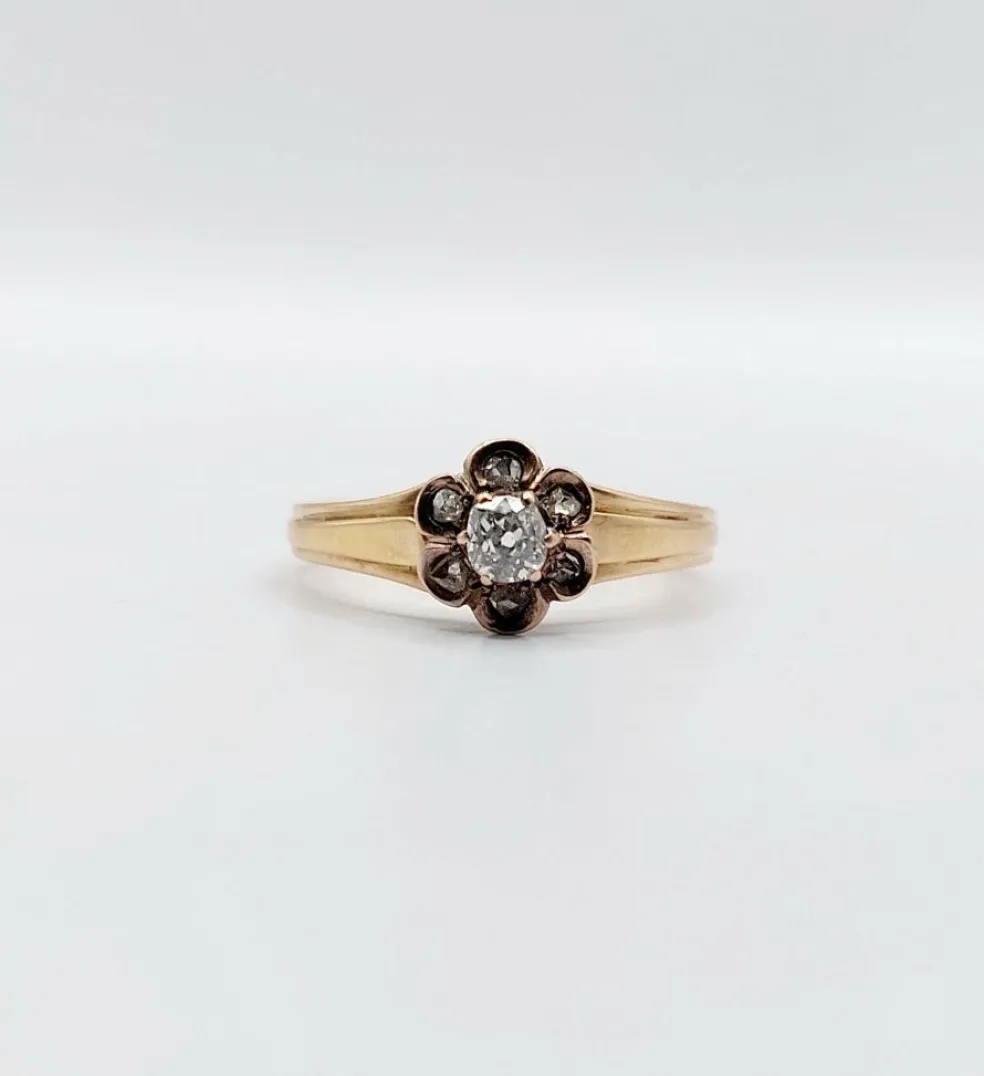 Bague marguerite victorienne or rose, diamant taille ancienne (circa 1900)