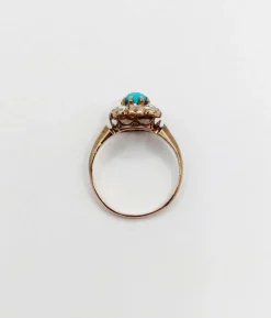 Bague marguerite victorienne or jaune 18k cabochon de turquoise et diamants taille roses (circa 1900) antique