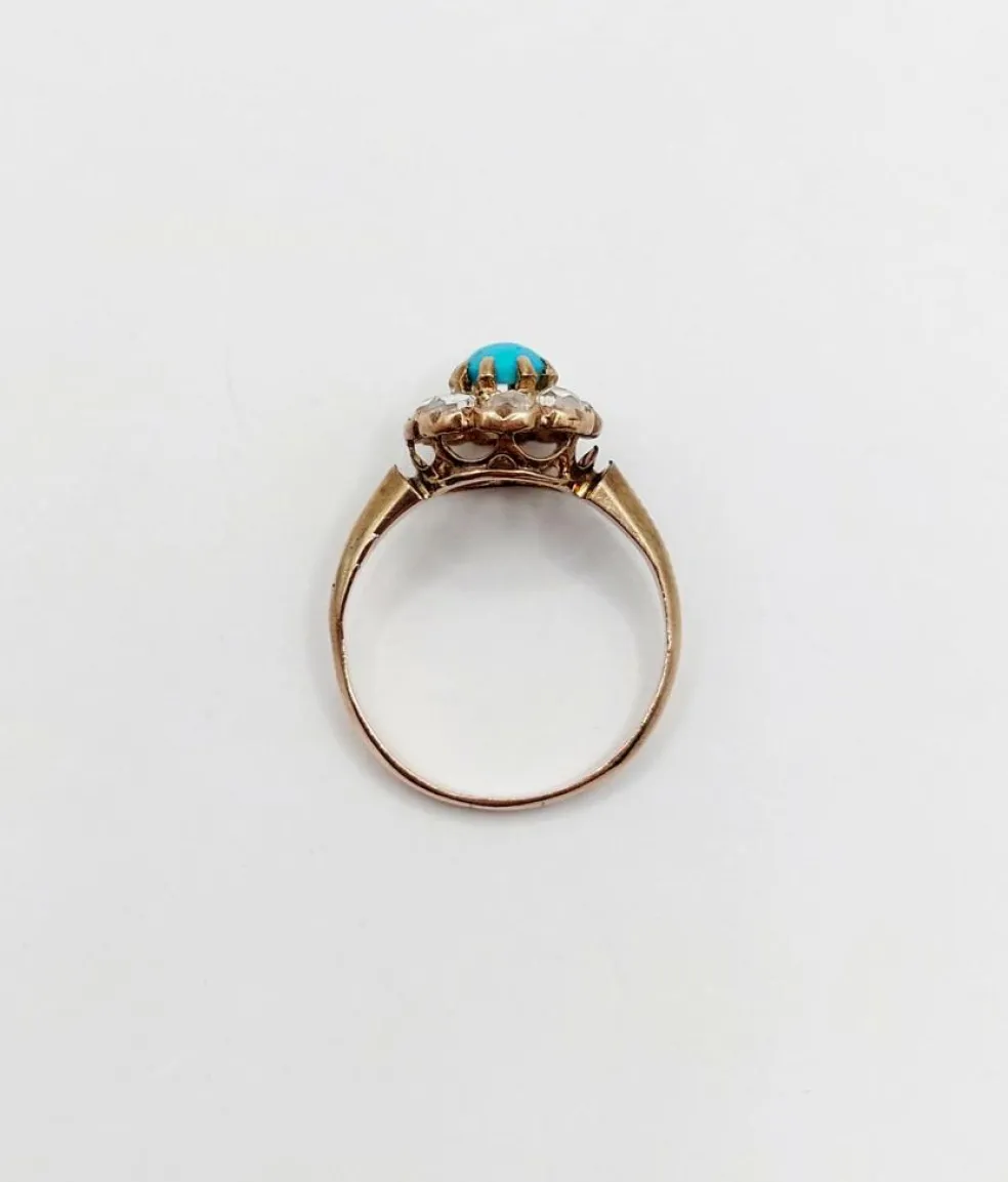 Bague marguerite victorienne or jaune 18k cabochon de turquoise et diamants taille roses (circa 1900) antique