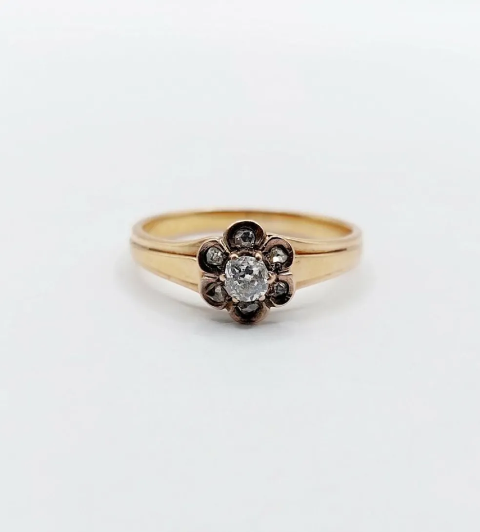 Bague marguerite victorienne or rose, diamant taille ancienne (circa 1900)
