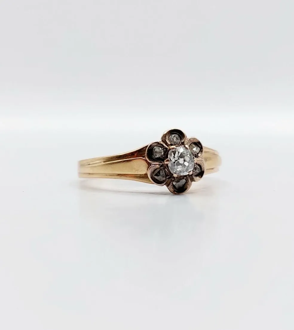 Bague marguerite victorienne or rose, diamant taille ancienne (circa 1900)