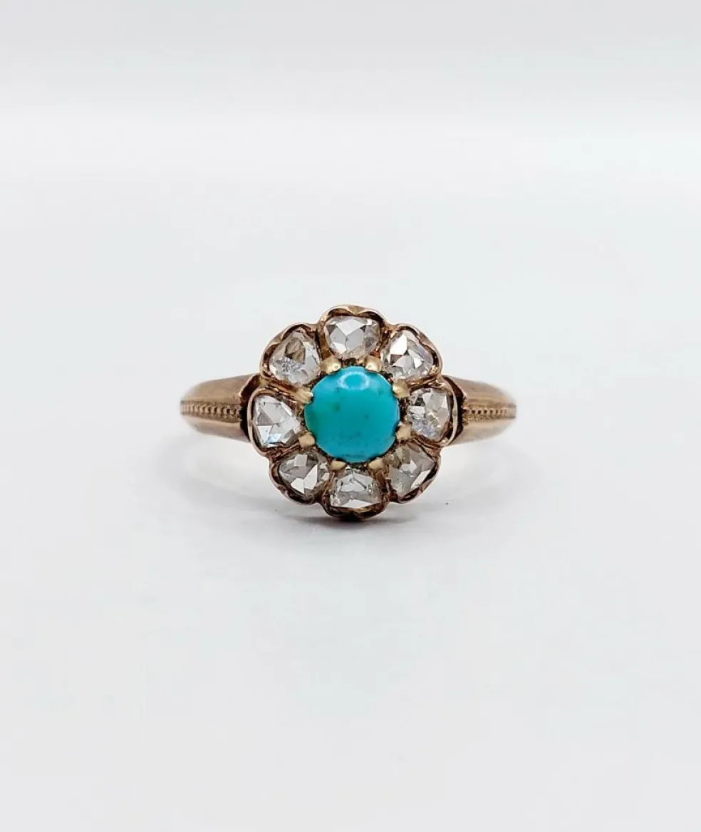 Bague marguerite victorienne or jaune 18k cabochon de turquoise et diamants taille roses (circa 1900) antique