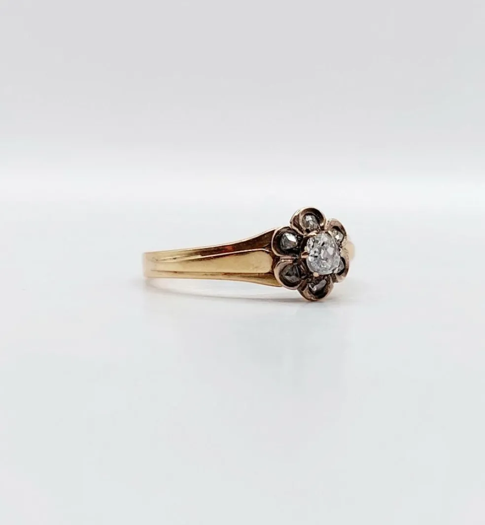 Bague marguerite victorienne or rose, diamant taille ancienne (circa 1900)