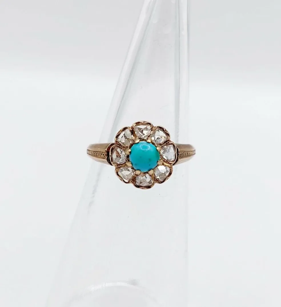 Bague marguerite victorienne or jaune 18k cabochon de turquoise et diamants taille roses (circa 1900) antique
