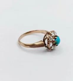 Bague marguerite victorienne or jaune 18k cabochon de turquoise et diamants taille roses (circa 1900) antique