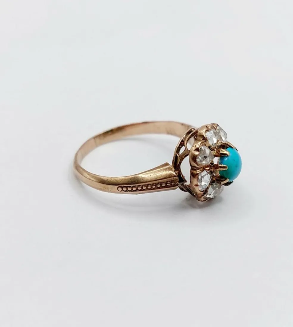 Bague marguerite victorienne or jaune 18k cabochon de turquoise et diamants taille roses (circa 1900) antique