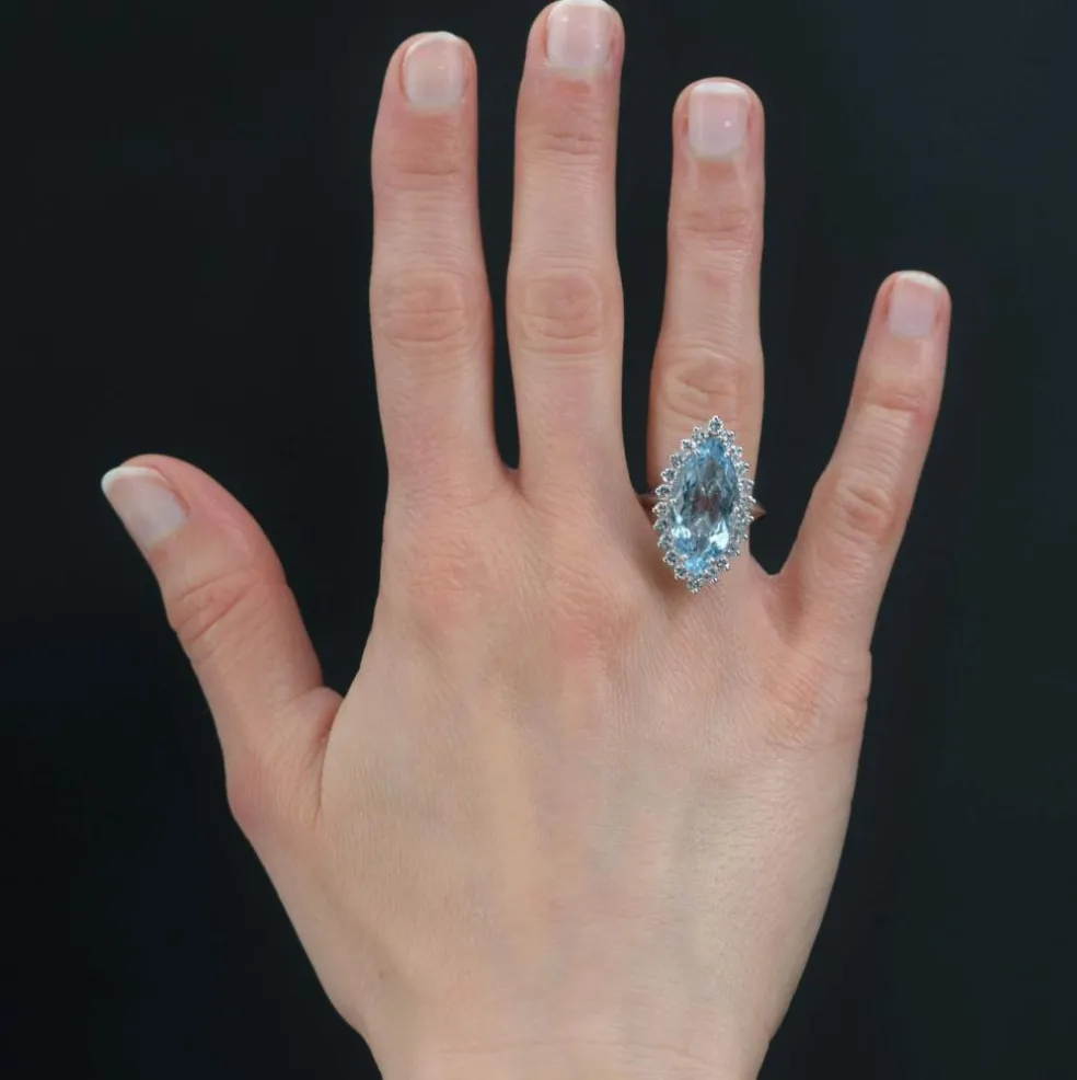 Bague marquise aigue-marine et diamants
