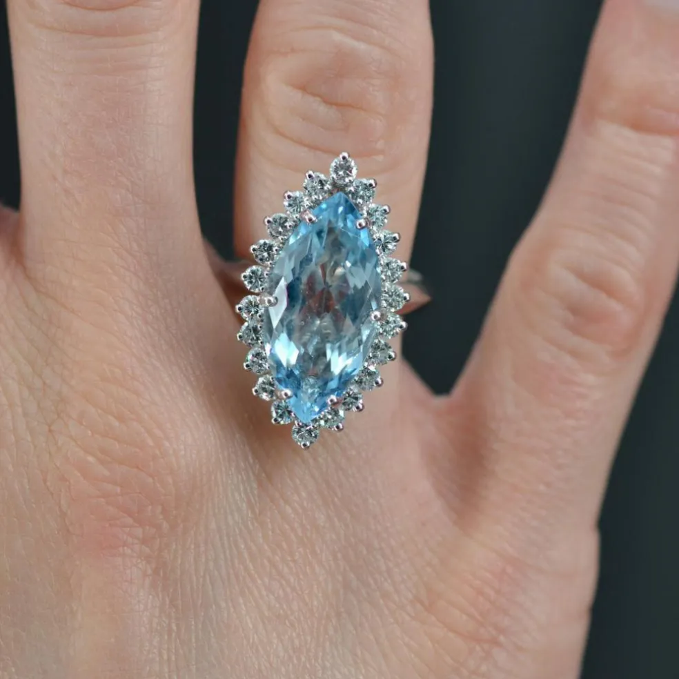 Bague marquise aigue-marine et diamants