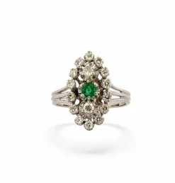 Bague marquise ancienne or blanc diamants, émeraude