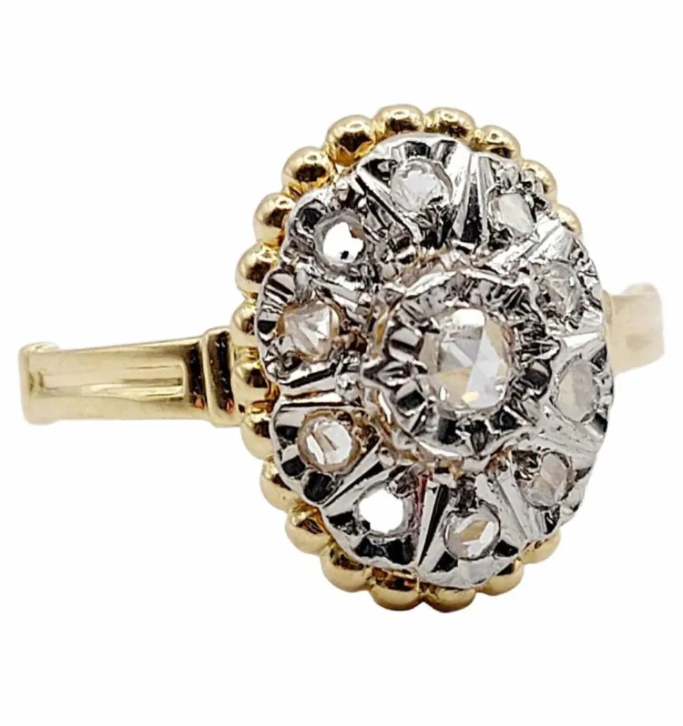 Bague marquise antique or jaune diamant taillés en roses