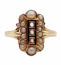 Bague marquise antique or rose 18k diamant taille roses et perles (circa 1900)