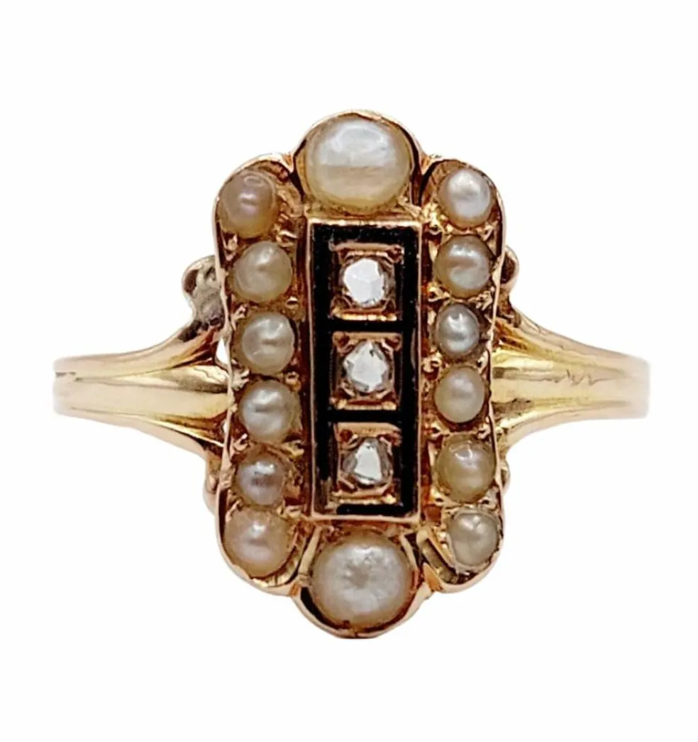 Bague marquise antique or rose 18k diamant taille roses et perles (circa 1900)