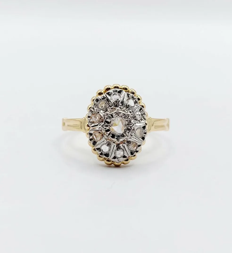Bague marquise antique or jaune diamant taillés en roses