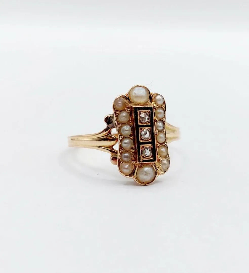 Bague marquise antique or rose 18k diamant taille roses et perles (circa 1900)