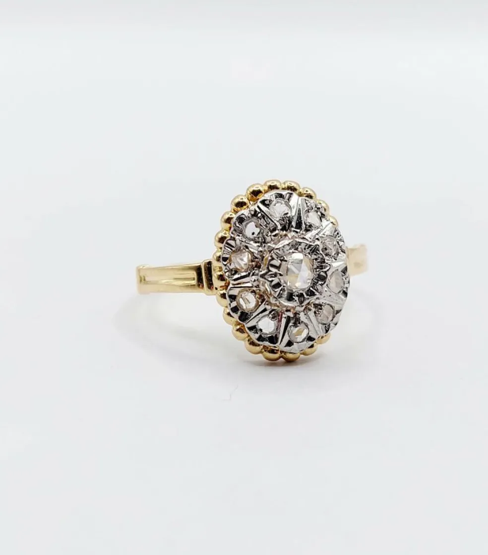 Bague marquise antique or jaune diamant taillés en roses