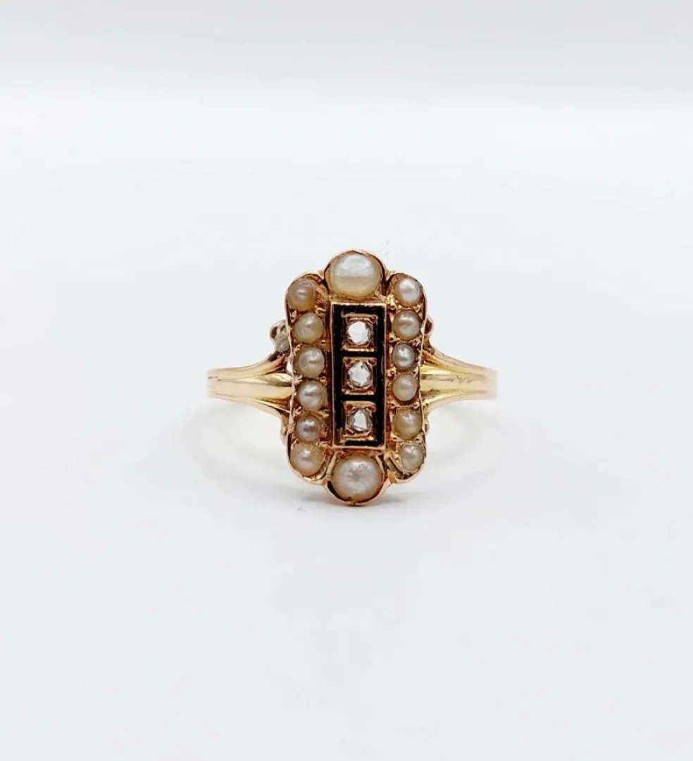 Bague marquise antique or rose 18k diamant taille roses et perles (circa 1900)