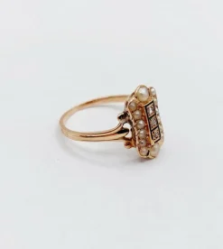 Bague marquise antique or rose 18k diamant taille roses et perles (circa 1900)