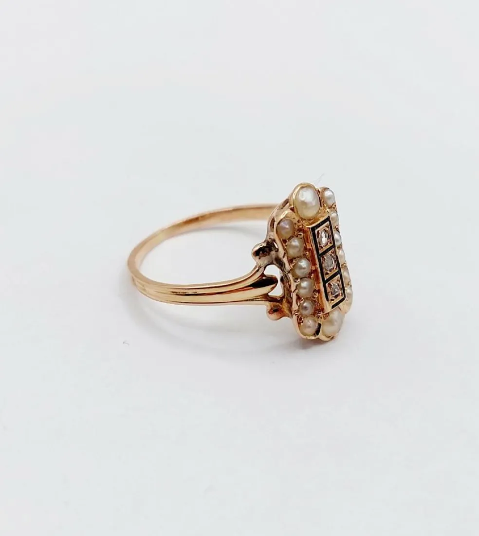 Bague marquise antique or rose 18k diamant taille roses et perles (circa 1900)
