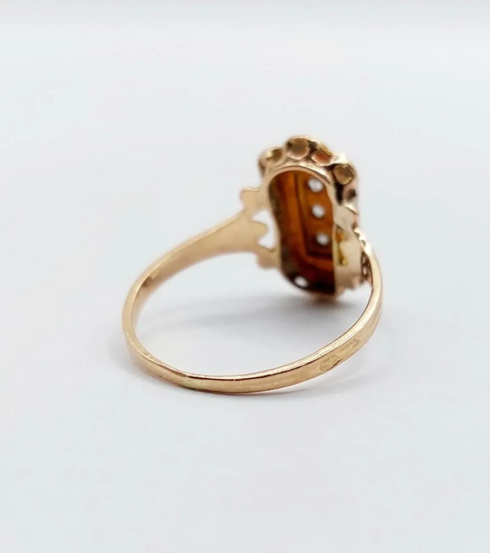 Bague marquise antique or rose 18k diamant taille roses et perles (circa 1900)