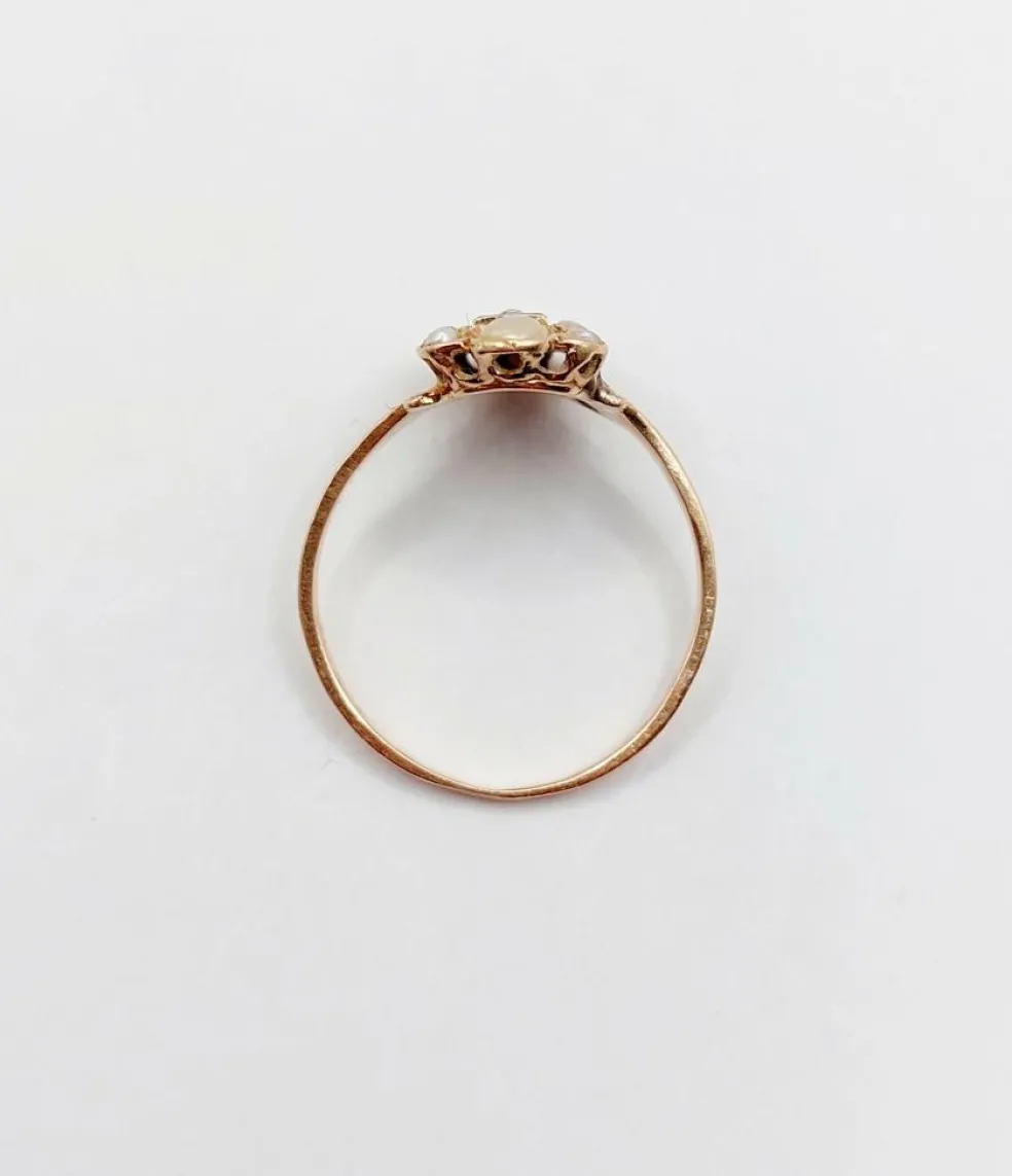 Bague marquise antique or rose 18k diamant taille roses et perles (circa 1900)