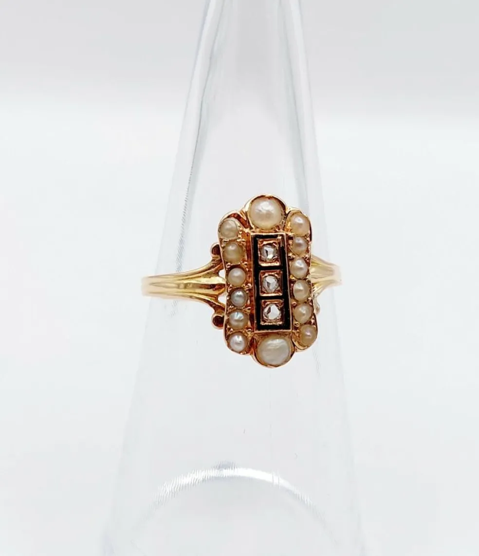 Bague marquise antique or rose 18k diamant taille roses et perles (circa 1900)