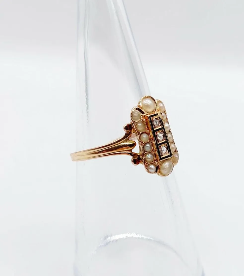 Bague marquise antique or rose 18k diamant taille roses et perles (circa 1900)