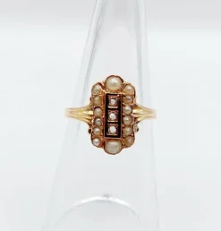 Bague marquise antique or rose 18k diamant taille roses et perles (circa 1900)