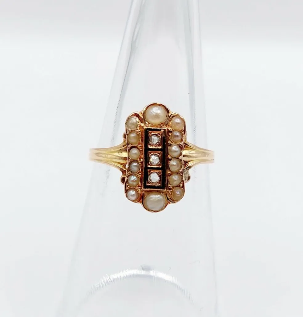 Bague marquise antique or rose 18k diamant taille roses et perles (circa 1900)