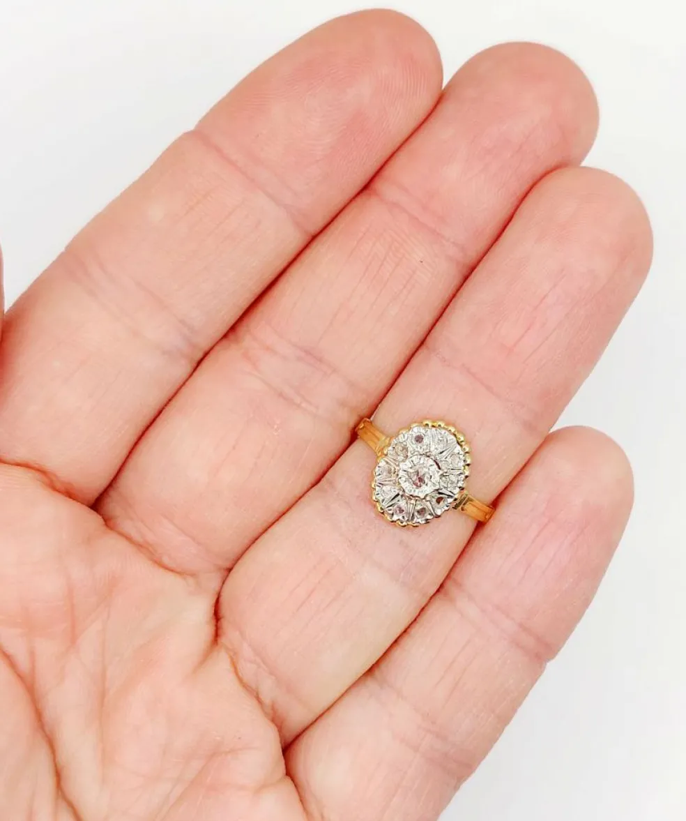 Bague marquise antique or jaune diamant taillés en roses