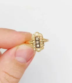 Bague marquise antique or rose 18k diamant taille roses et perles (circa 1900)