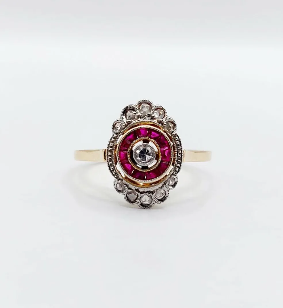Bague marquise art déco or diamant et rubis calibrés (circa 1920)