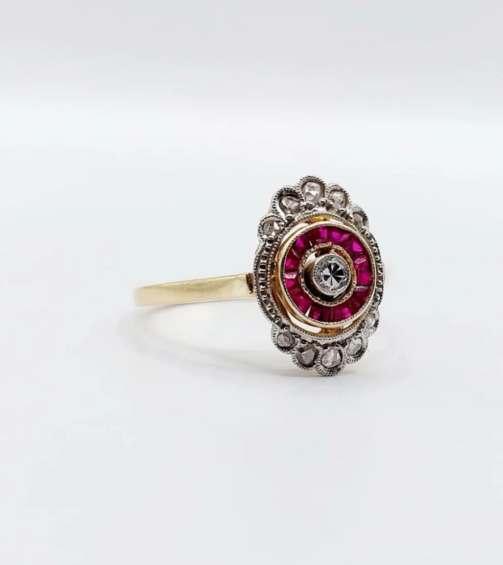Bague marquise art déco or diamant et rubis calibrés (circa 1920)