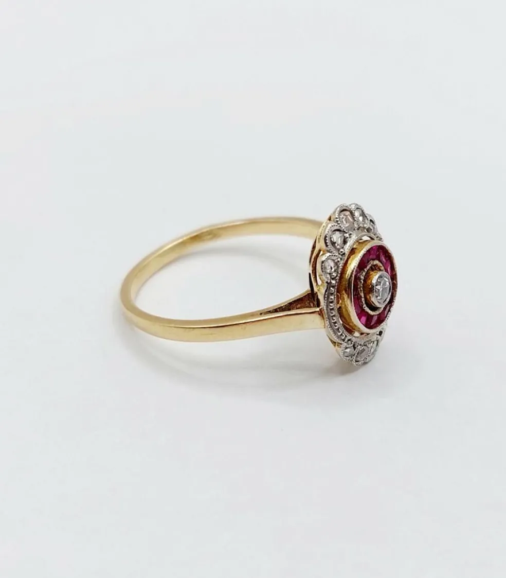 Bague marquise art déco or diamant et rubis calibrés (circa 1920)