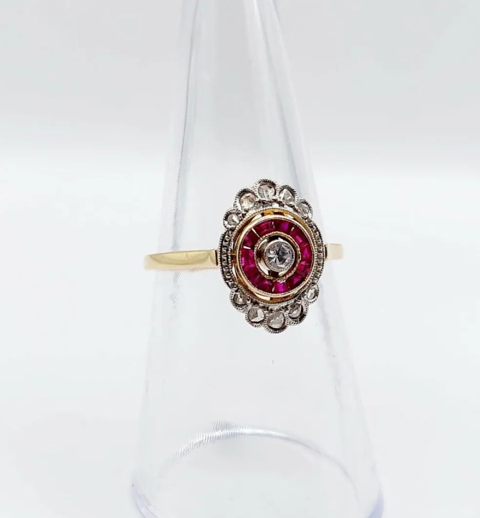 Bague marquise art déco or diamant et rubis calibrés (circa 1920)
