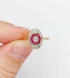 Bague marquise art déco or diamant et rubis calibrés (circa 1920)