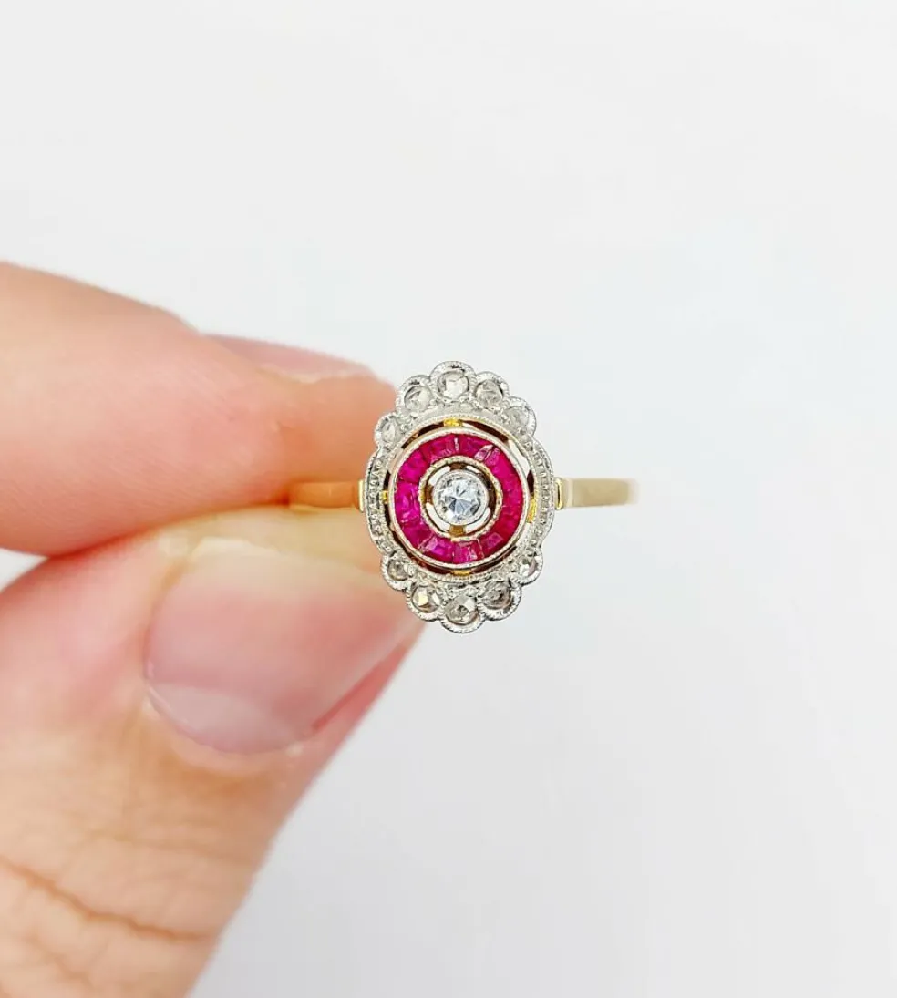 Bague marquise art déco or diamant et rubis calibrés (circa 1920)
