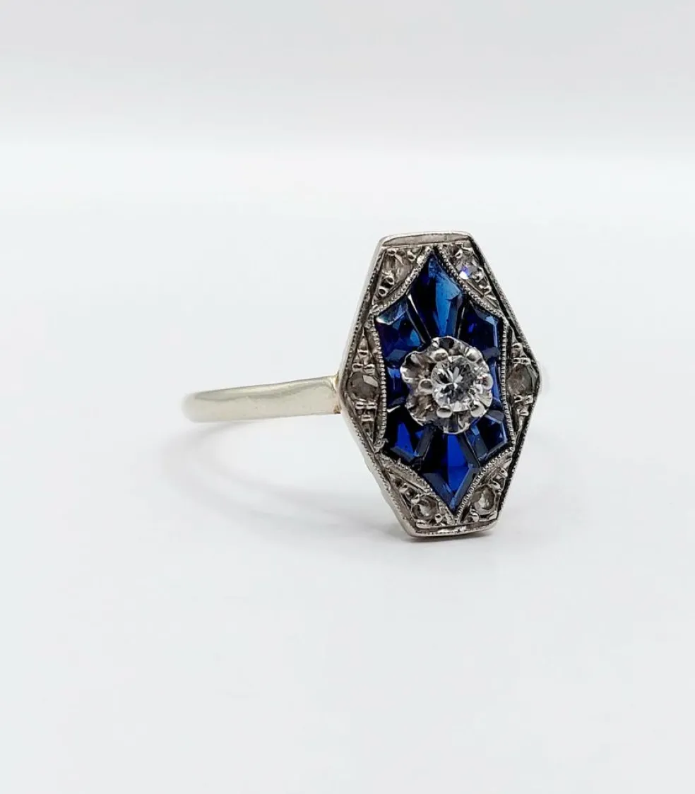 Bague marquise art deco or blanc 18k diamant et sapphires calibrés (circa 1930)