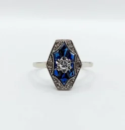 Bague marquise art deco or blanc 18k diamant et sapphires calibrés (circa 1930)