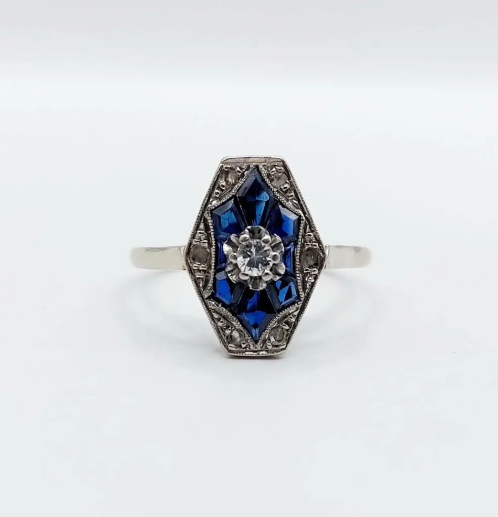 Bague marquise art deco or blanc 18k diamant et sapphires calibrés (circa 1930)