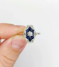 Bague marquise art deco or blanc 18k diamant et sapphires calibrés (circa 1930)