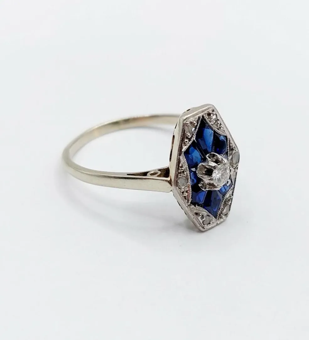Bague marquise art deco or blanc 18k diamant et sapphires calibrés (circa 1930)
